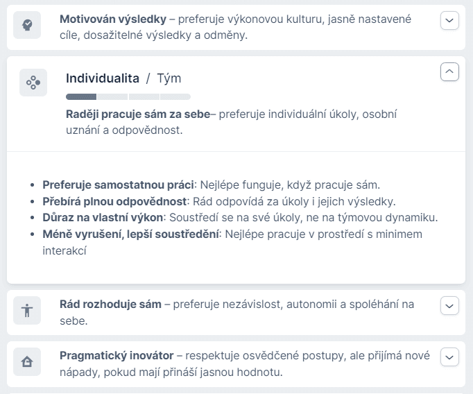 Behavera — behaviorální blueprint role: detail dimenze Individualita/Tým s popisem chování a doporučeními.