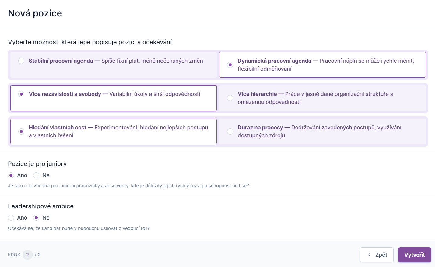 Behavera — formulář Nová pozice s předvybranými charakteristikami pracovní agendy, hierarchie a procesů.