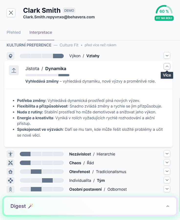 Behavera — interpretace osobních preferencí kandidáta v kontextu role: Jistota/Dynamika, Nezávislost/Hierarchie, Otevřenost/Tradicionalismus a Individualita/Tým.