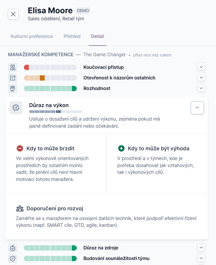 Behavera — detail manažerských kompetencí kandidátky s rozkladem silných stránek, rizik a doporučení pro rozvoj.