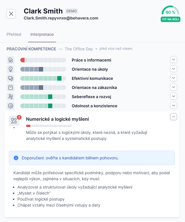 Behavera — přehled pracovních kompetencí kandidáta s flagem oblasti Numerické a logické myšlení k ověření v pohovoru.